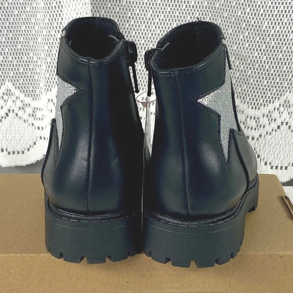 NWT Size 7 Wonder Nation Toddler Girls Black Glitter Star Chelsea Boots Side Zip
